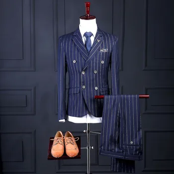 2020 Мъжки костюм на райета, най-Новите Модели палта и панталони, Модни Официални Мъжки костюми-Блейзери на поръчка (Яке + Панталон + Вратовръзка + Жилетка + Носни кърпички)