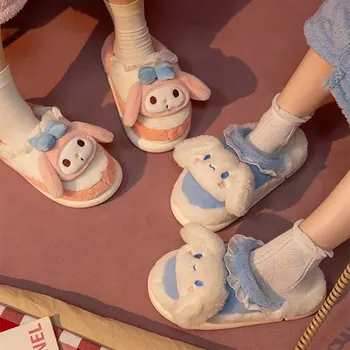Sanrio Kawaii Плюшени Чехли Kuromi Кити Melody Cinnamoroll Зимни Плюшен Обувки Дамски Домашни Обувки За Момичета Аксесоари За Дома