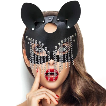Дамски Секси маски Верига с пискюли Кожена Маска на половината от лицето на Фокс Cosplay Хелоуин Парти Бал Пънк Игри за възрастни Играчки Аксесоари