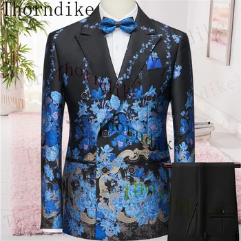 Елегантен Thorndike (яке + панталон Модерен мъжки костюми за почивка със сини модел, оборудвана мъжки бизнес банкетна костюм, комплект големи размери