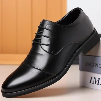 Кожени Мъжки обувки от естествена кожа Черна на Бизнес Официалната дрехи за Есенния Дишаща британски случайни сватбен костюм на младоженеца високо качество