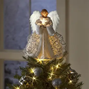 Коледно дърво Ангел Topper Ангел Украса за коледната елха с гирлянди Бял Ангел Домашна украса за Коледната елха