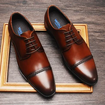 Модерен мъжки черни модела обувки, обувки за сватба-oxfords от естествена кожа, мъжки, черно-кафяви вечерни кожени обувки дантела с остри чорапи за мъже